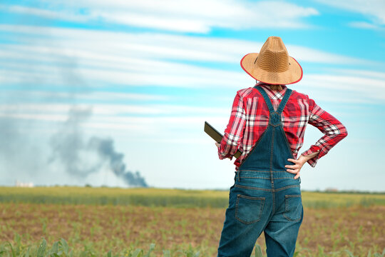 Concerned Female Farmer With Tablet In Corn Field Looking At Black Smoke On Horizon