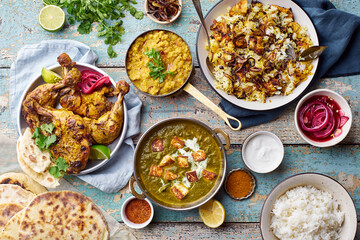 Indian cuisine dinner: tandoori chicken, biryani