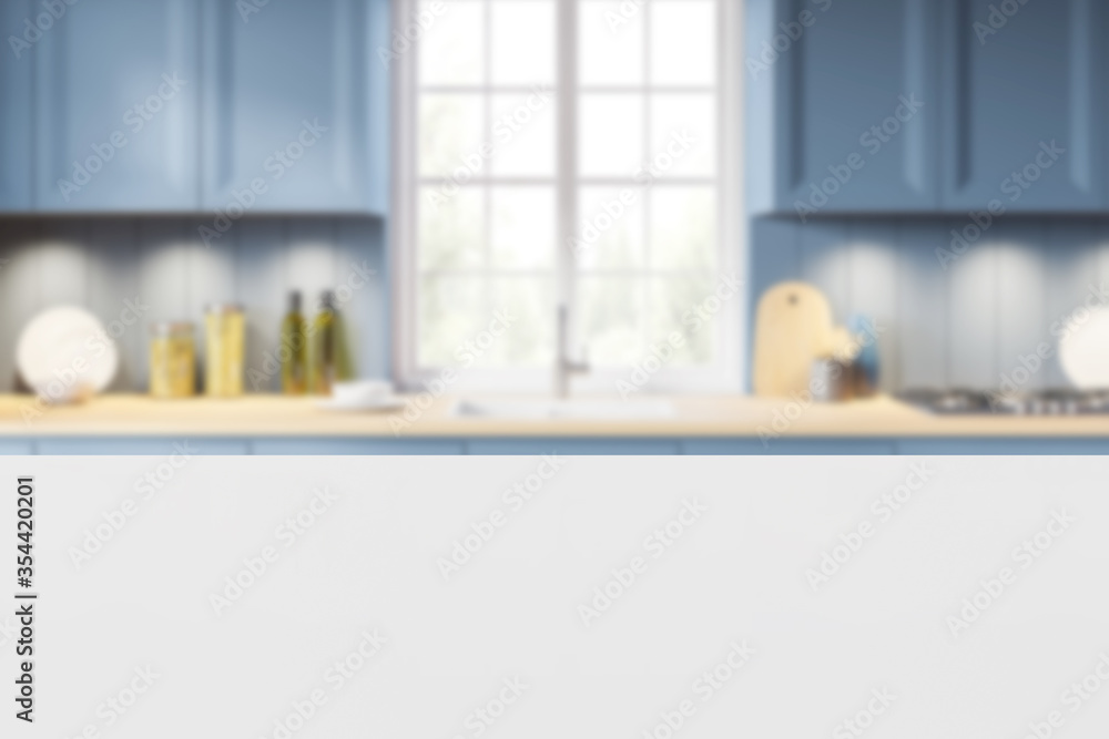 Poster white kitchen table. in the background is a classic blue kitchen unit with a sink in front of the wi