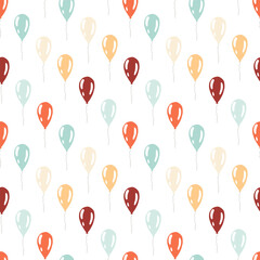 Simple hand drawn vector pattern. Yellow, blue, orange and beige balloons isolated on white background. Happy festive illustration. Perfect for wallpaper or fabric.