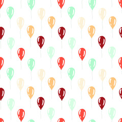 Simple hand drawn vector pattern. Yellow, blue, orange and beige balloons isolated on white background. Happy festive illustration. Perfect for wallpaper or fabric.