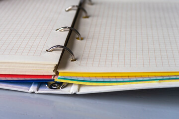 Open binder notebook with blank chequered sheets and color separators.