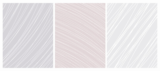 Set of 3 Abstract Geometric Layouts. Irregular Hand Drawn Scribbles on a Gray and Light Dusty Pink Backgrounds. Funny Simple Creative Design. Infantile Style Stripes and Mesh Graphic.