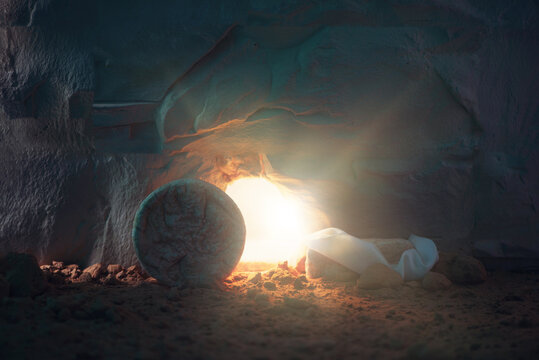 Jesus Christ resurrection. Christian Easter concept. Empty tomb of Jesus with light. Born to Die, Born to Rise. "He is not here he is risen". Savior, Messiah, Redeemer, Gospel. Alive. Miracle.
