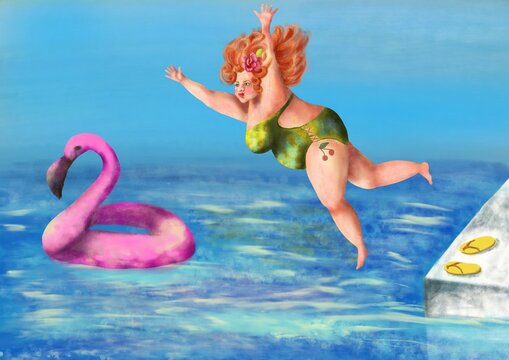 Curvy red haired girl in a green swimsuit with cherry tattoo jumping into the water. Pink flamingo in the water. Digital painting 