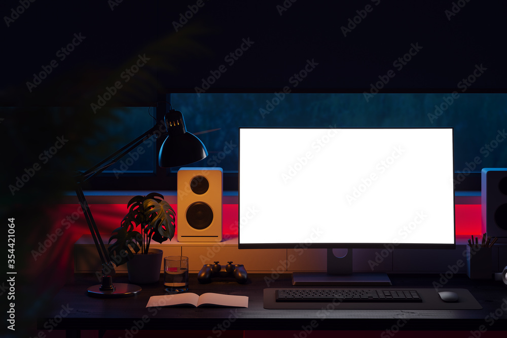 Aufkleber workspace with an empty computer monitor, keyboard, mouse, speakers, lamp and plants opposite the wi