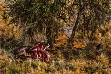 Lion hidden in the green bush and carcass on the Serengeti National Park. A conservation area in the African savanna where several species of large mammals live. Oil paint filter.
