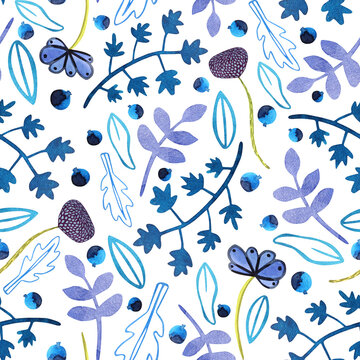 Watercolor seamless pattern with herbs and berries on a white background. Print with blue plants and flowers. Cute pattern with leaves and twigs.
