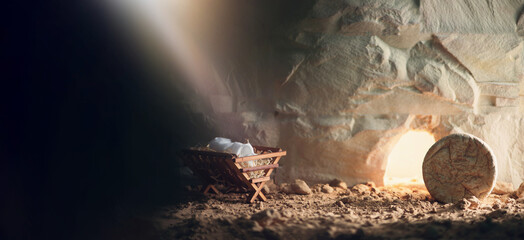 Christian Christmas and Easter concept. Chronology of Jesus life. Born to Die, Born to Rise. Wooden manger and empty tomb background. Jesus - reason for season. Salvation, Messiah, Emmanuel - obrazy, fototapety, plakaty