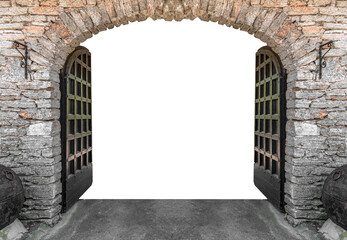 Gates of an old castle with an isolated white background opening.