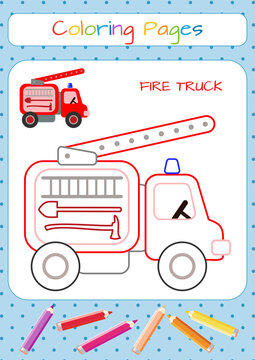 Drawing for coloring: fire truck with a climbing ladder. Coloring, sticker, postcard, scrapbooking, products for children.