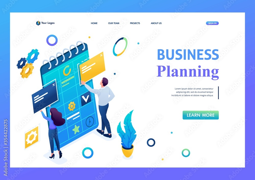 Poster young team of entrepreneurs is working on the creation of a business plan. 3d isometric. landing pag