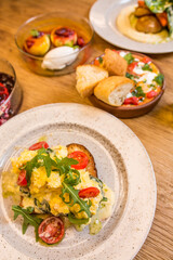 breakfast in a restaurant on a wooden table