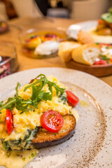 breakfast in a restaurant on a wooden table