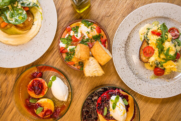breakfast in a restaurant on a wooden table
