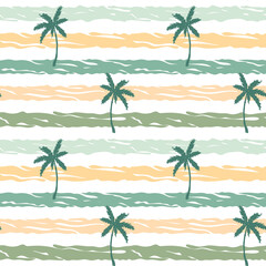 Fototapeta na wymiar Hand drawn striped summer seamless pattern with hand drawn palm trees. Vector illustration