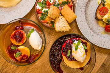 breakfast in a restaurant on a wooden table