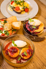 breakfast in a restaurant on a wooden table