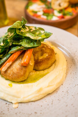 breakfast in a restaurant on a wooden table