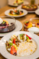 breakfast in a restaurant on a wooden table
