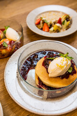 breakfast in a restaurant on a wooden table