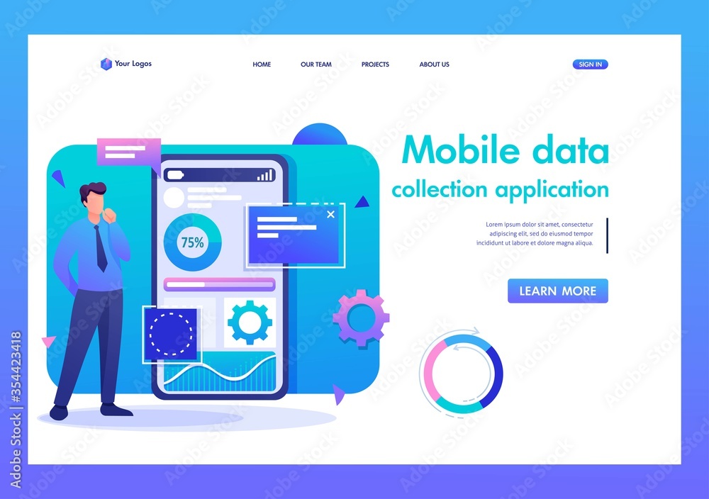 Poster man works on a mobile application for data collection. flat 2d character. landing page concepts and 