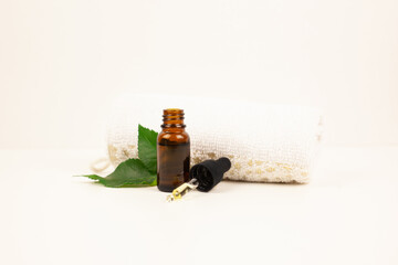 natural cosmetic skincare bottle container and organic green leaf on white background. Home made remedy and beauty product concept. Face serum, face oil, anti age care, face peeling. select focus