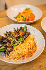 italian food, pasta, tomatoes, pizza, collage on the table
