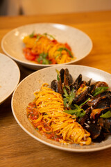 italian food, pasta, tomatoes, pizza, collage on the table