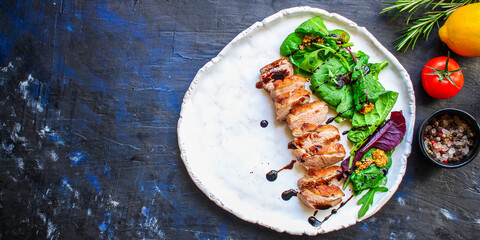 duck breast fillet salad, Menu concept food background keto paleo diet. top view. copy space for text 