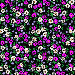 Simple cute pattern in small white and purple flowers on black background. Liberty style. Ditsy print. Floral seamless background. The elegant the template for fashion prints.