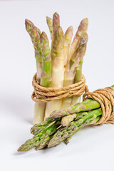 Green and white fresh asparagus on a gray background