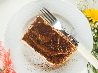 Traditional coffee tiramisu dessert with mascarpone cheese and cocoa powder served on plates on white wooden table