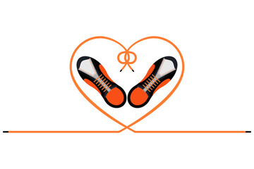 Two sneakers with a long heart shaped shoelaces. Top view. A pair of gym shoes with long laces. Isolated vector illustration on white background. Flat style.