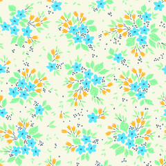 Fototapeta na wymiar Simple cute pattern in small ligh blue and yellow flowers on white background. Liberty style. Ditsy print. Floral seamless background. The elegant the template for fashion prints.