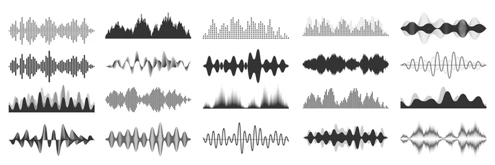 Fototapeten Sammlung von Schallwellen. Analoges und digitales Audiosignal. Musik-Equalizer. Sprachaufzeichnung von Störungen. Hochfrequenz-Radiowelle. Vektor-Illustration. © 32 pixels
