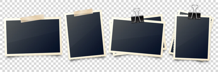 Realistic blank photo card frame, film set. Retro vintage photograph with adhesive tape and shadow. Digital snapshot image. Photography art. Template or mockup for design. Vector illustration.