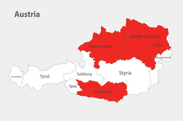 Map of the Austria in the colors of the flag with administrative divisions vector