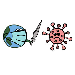 Fototapeta premium Vector illustration about virus covid-19 planet fights with sward against virus.