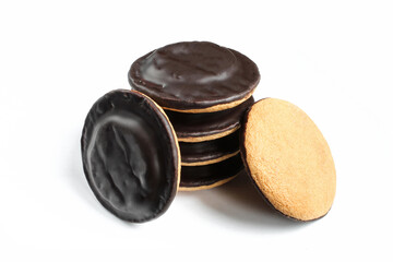 Group of chocolate biscuits filled with jelly and isolated on white background. Sweet treats