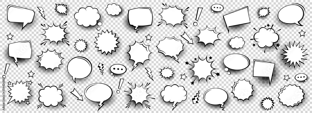 Wall mural collection of empty comic speech bubbles with halftone shadows. hand drawn retro cartoon stickers. p - Wall murals
