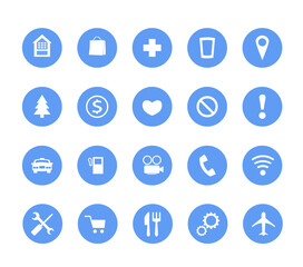 Set, a group of vector illustrations of round icons, buttons, and icons in blue