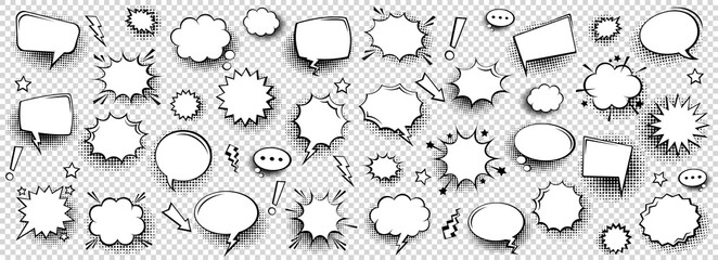 Collection of empty comic speech bubbles with halftone shadows. Hand drawn retro cartoon stickers. Pop art style. Vector illustration. - obrazy, fototapety, plakaty