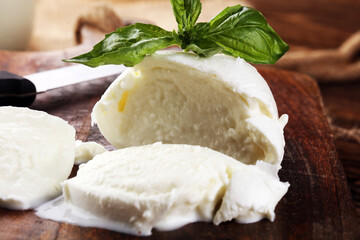 Mozzarella. Traditional italian food. White ball mozzarella buffalo Italian soft cheese with fresh basil