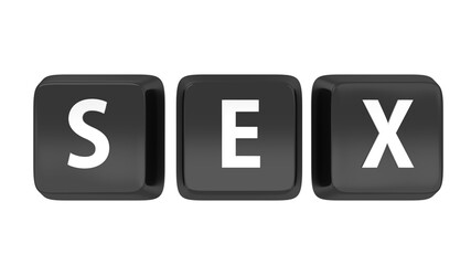 SEX written in white on black computer keys. 3d illustration. Isolated background.
