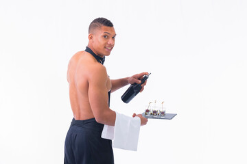 Shirtless waiter holding a plate with glass shots