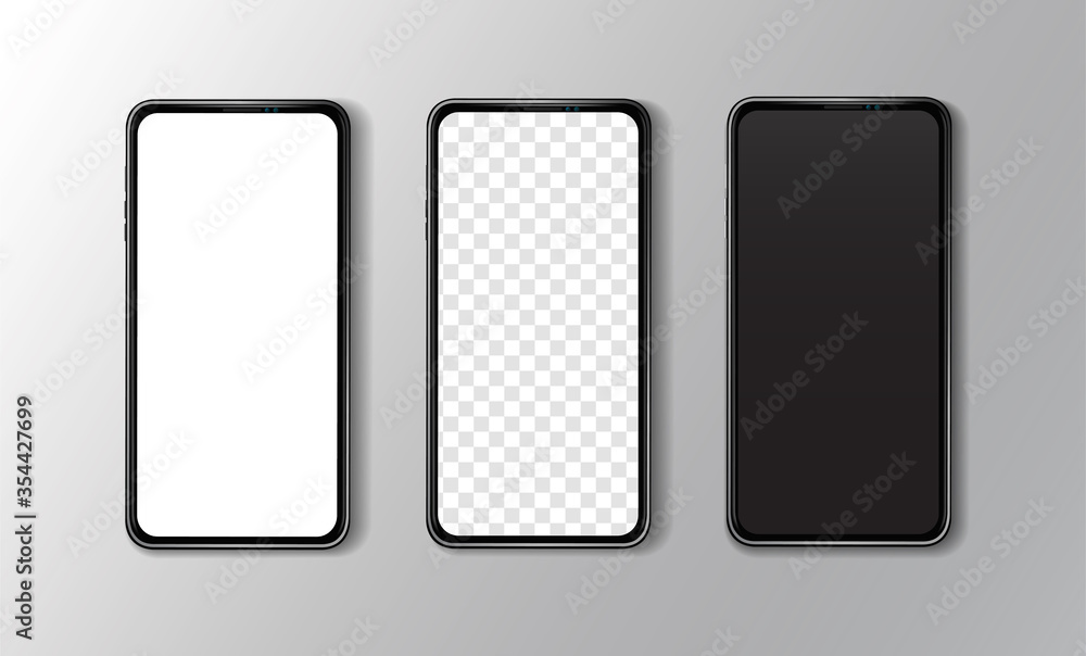 Poster overhead close-up front view of three black smartphones with white, transparent and black screen for