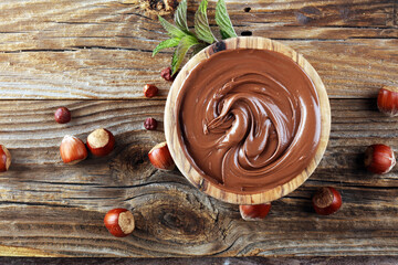 Homemade hazelnut spread in a bowl. Hazelnut Nougat cream closeup