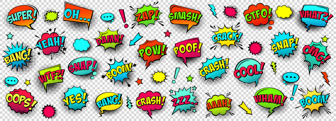 Comic colored speech bubbles with halftone shadow and text phrase. Sound expression of emotion. Hand drawn retro cartoon stickers. Pop art style. Vector illustration. - obrazy, fototapety, plakaty
