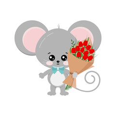 Cute mouse with bouquet of red tulips in paw isolated on white background.